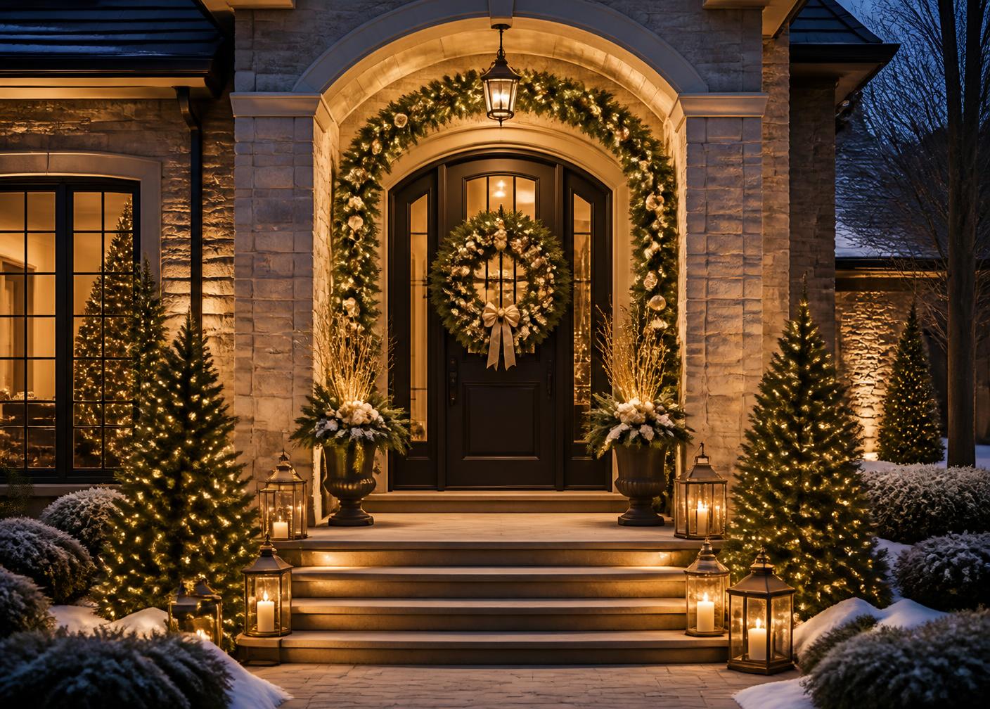 Fachada de casa iluminada con guirnaldas navideñas al atardecer