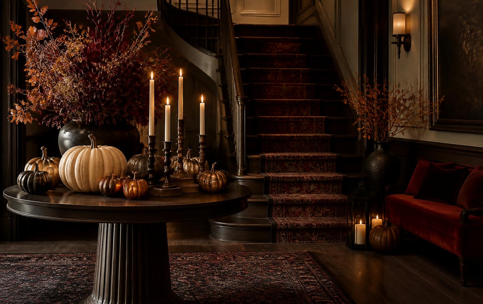 Entrada de casa decorada para Halloween con calabazas y velas en tonos cálidos