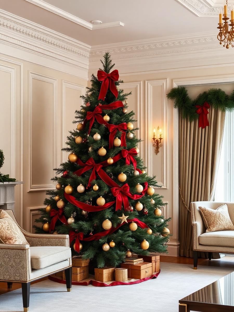 Árbol de Navidad clásico en verde profundo con cintas de terciopelo y ornamentos dorados