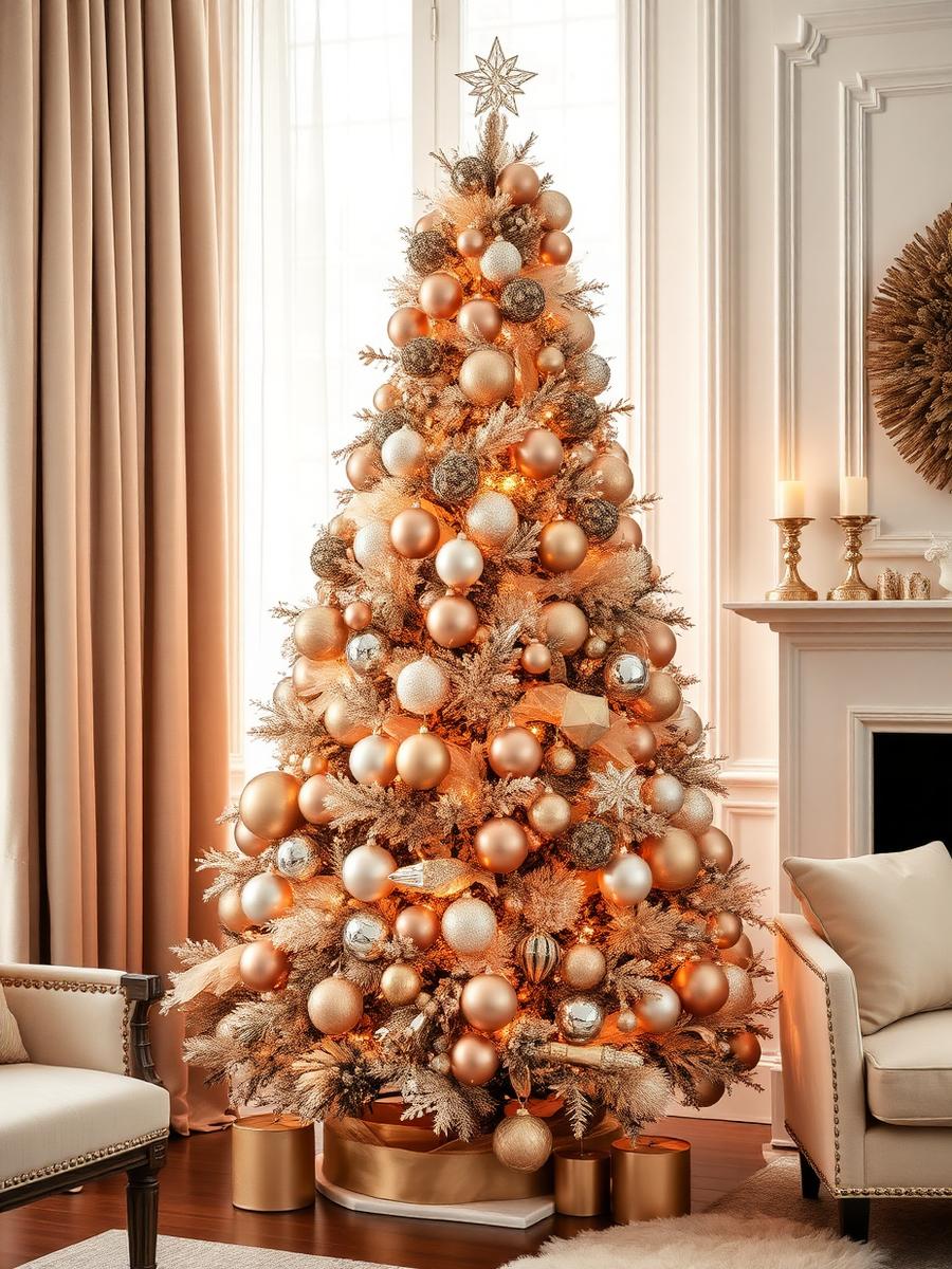 Árbol de Navidad de lujo en champagne gold con cristal y texturas metálicas