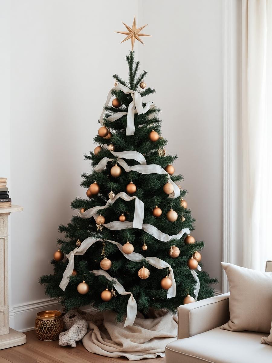 Árbol de Navidad neutro con lino, madera y latón en interior contemporáneo