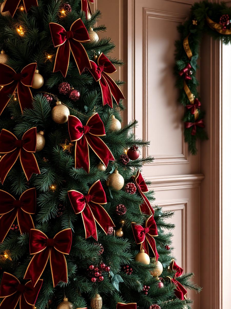 Árbol de Navidad tradicional en burgundy con moños de terciopelo y detalles dorados