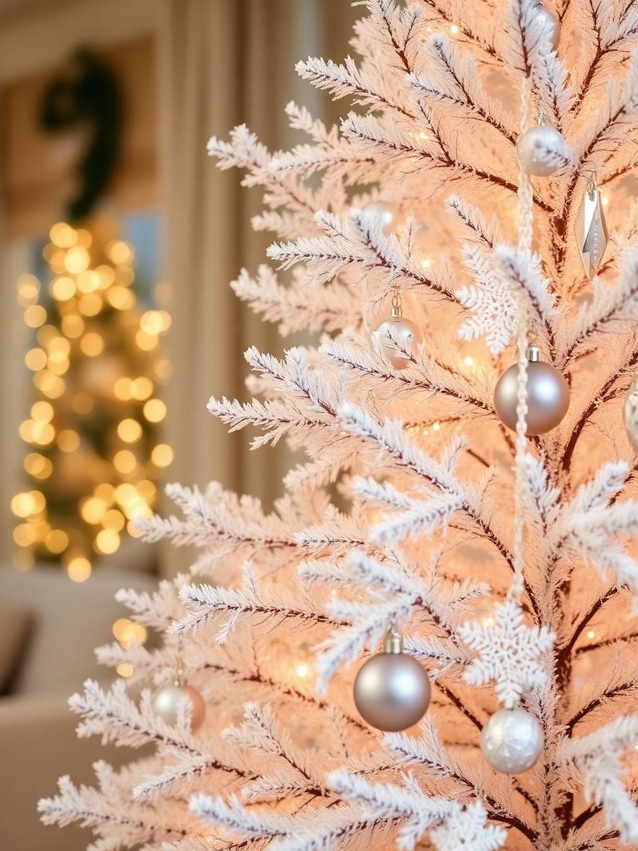Árbol de Navidad nevado en blancos y plata con ornamentos de cristal